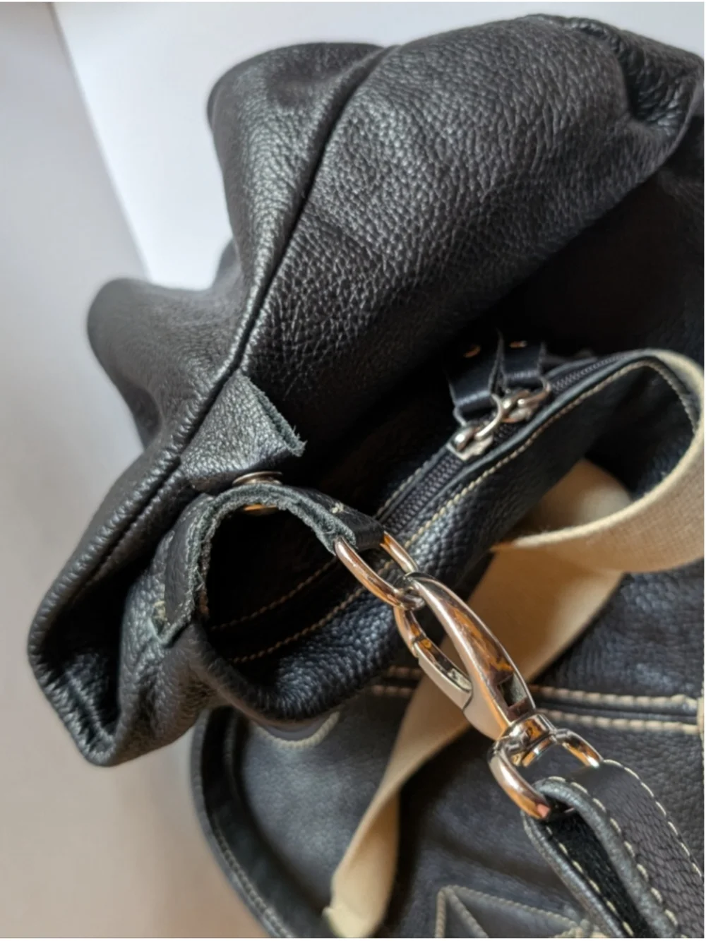 Roots Large Black Leather Shoulder Bag with Canvas Straps